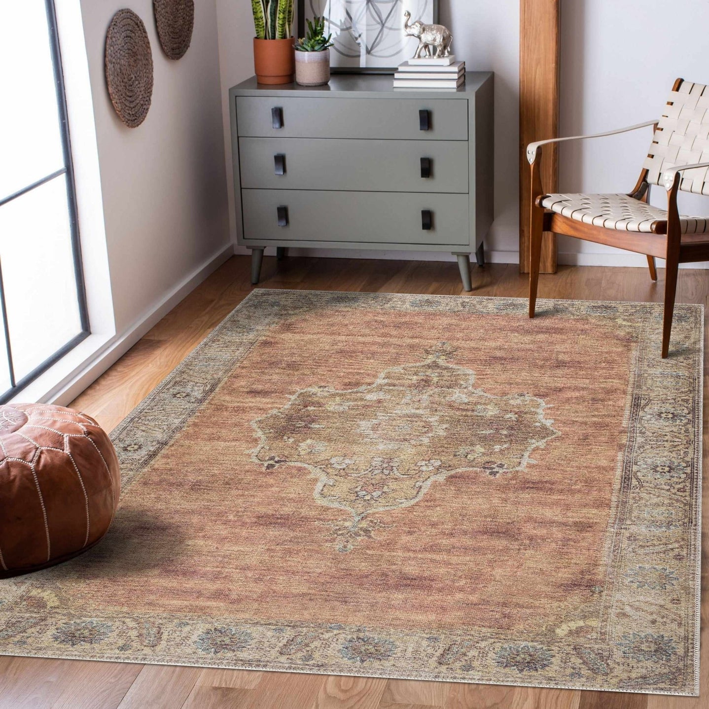Rust, Beige, Brown and Charcoal vintage Style Medallion design Machine washable Rug - The Rug Decor