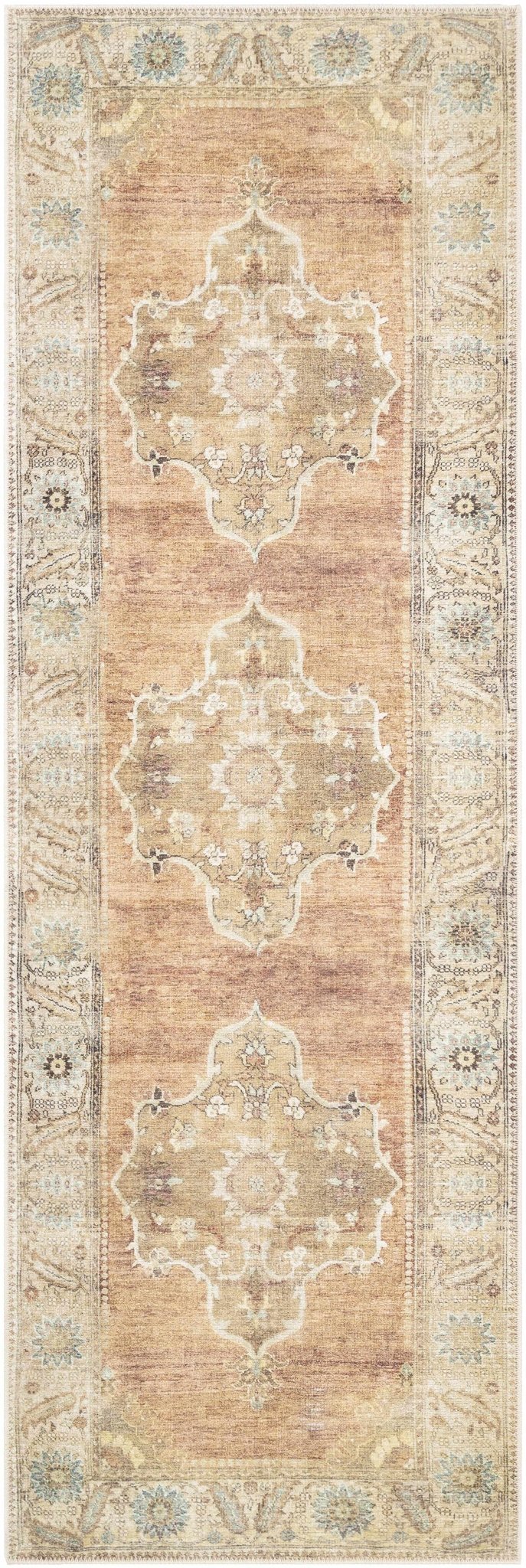 Rust, Beige, Brown and Charcoal vintage Style Medallion design Machine washable Rug - The Rug Decor