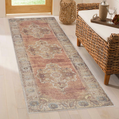 Rust, Beige, Brown and Charcoal vintage Style Medallion design Machine washable Rug - The Rug Decor