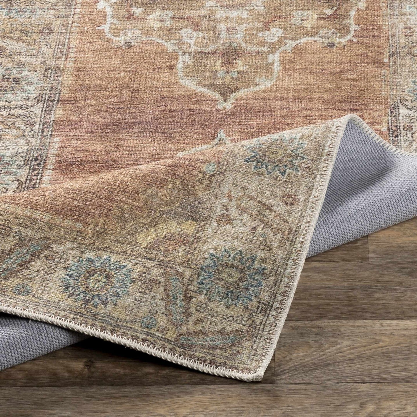 Rust, Beige, Brown and Charcoal vintage Style Medallion design Machine washable Rug - The Rug Decor