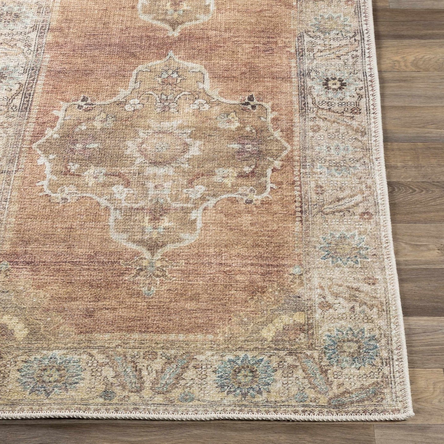 Rust, Beige, Brown and Charcoal vintage Style Medallion design Machine washable Rug - The Rug Decor