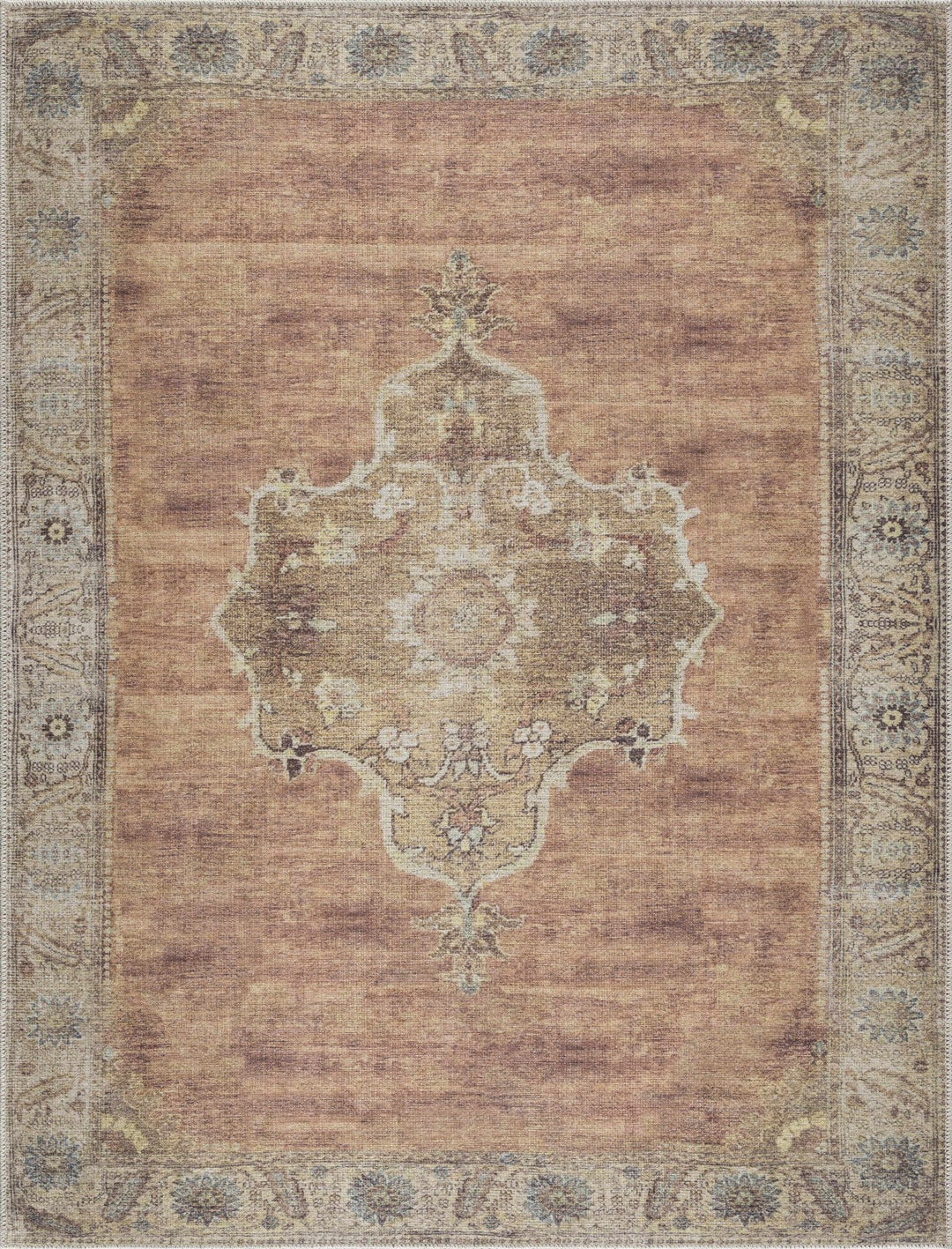 Rust, Beige, Brown and Charcoal vintage Style Medallion design Machine washable Rug - The Rug Decor
