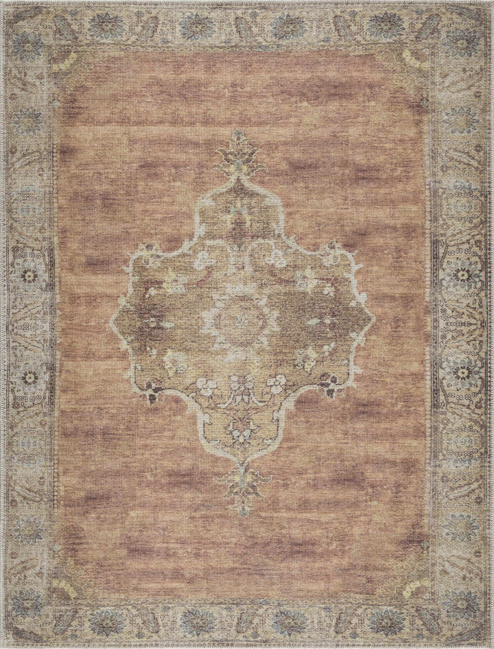 Rust, Beige, Brown and Charcoal vintage Style Medallion design Machine washable Rug - The Rug Decor