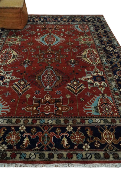 Rust, Blue and Beige Hand Knotted Antique 8x10 Traditional Wool Rug - The Rug Decor