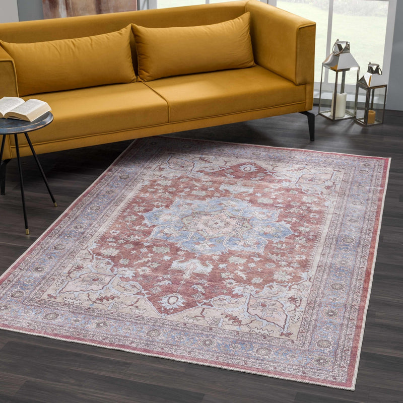 Rust, Blue and Beige Traditional Heriz Medallion Washable Area Rug - The Rug Decor