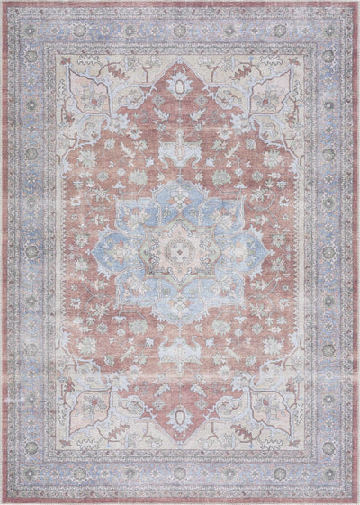 Rust, Blue and Beige Traditional Heriz Medallion Washable Area Rug - The Rug Decor