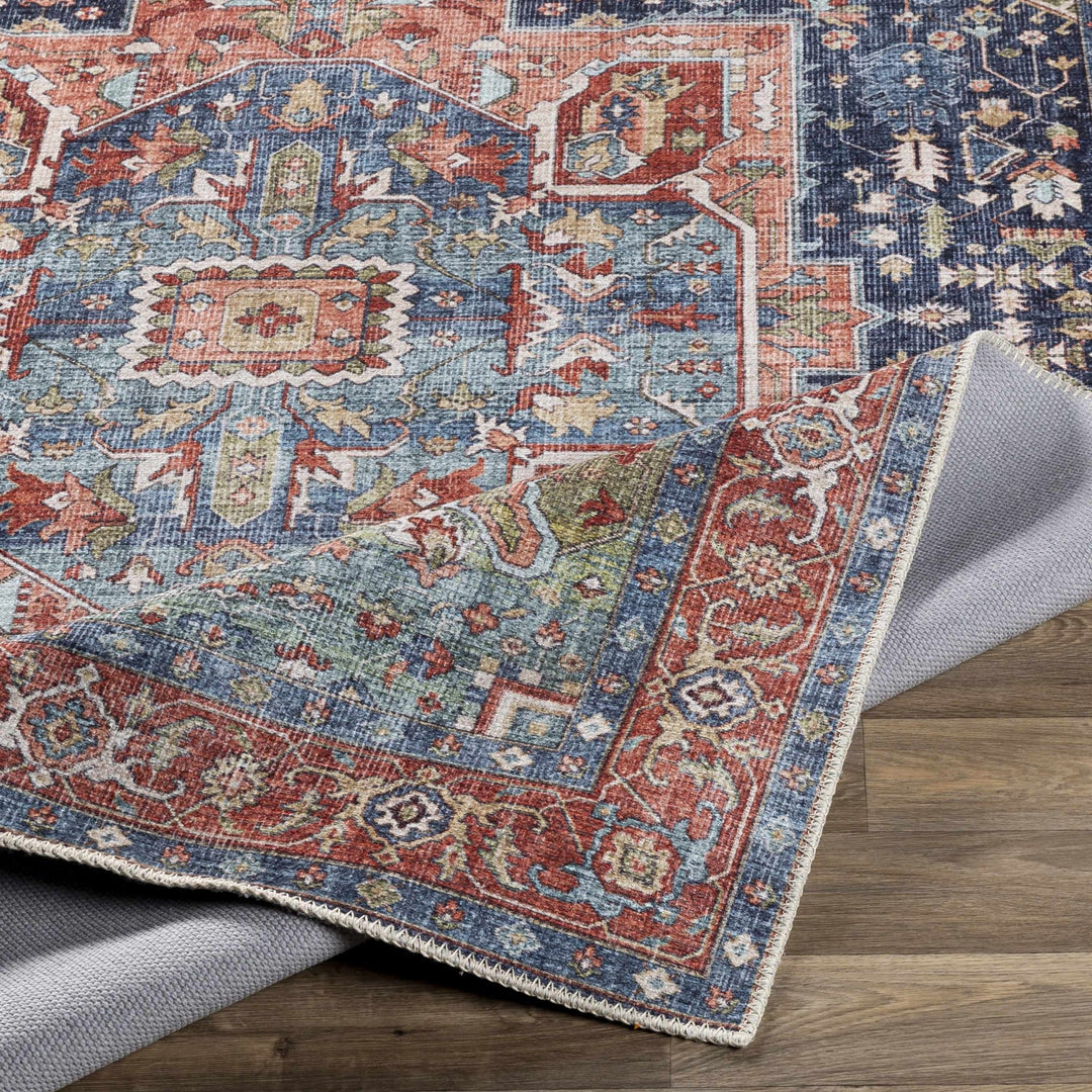 Rust, Blue and Green Traditional Heriz Design Multi Size Washable Area Rug - The Rug Decor