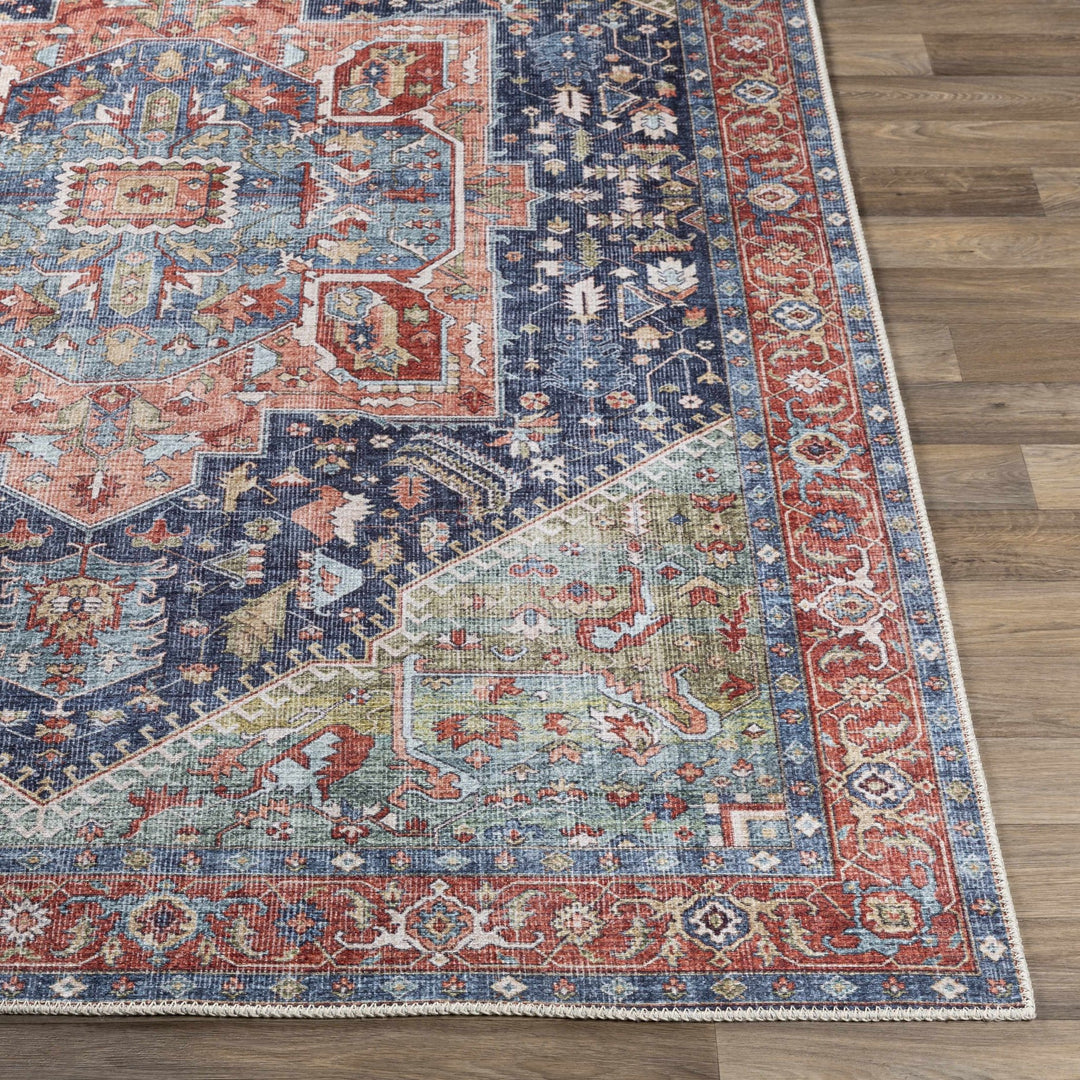 Rust, Blue and Green Traditional Heriz Design Multi Size Washable Area Rug - The Rug Decor