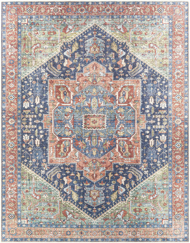Rust, Blue and Green Traditional Heriz Design Multi Size Washable Area Rug - The Rug Decor