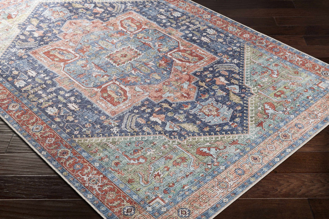 Rust, Blue and Green Traditional Heriz Design Multi Size Washable Area Rug - The Rug Decor