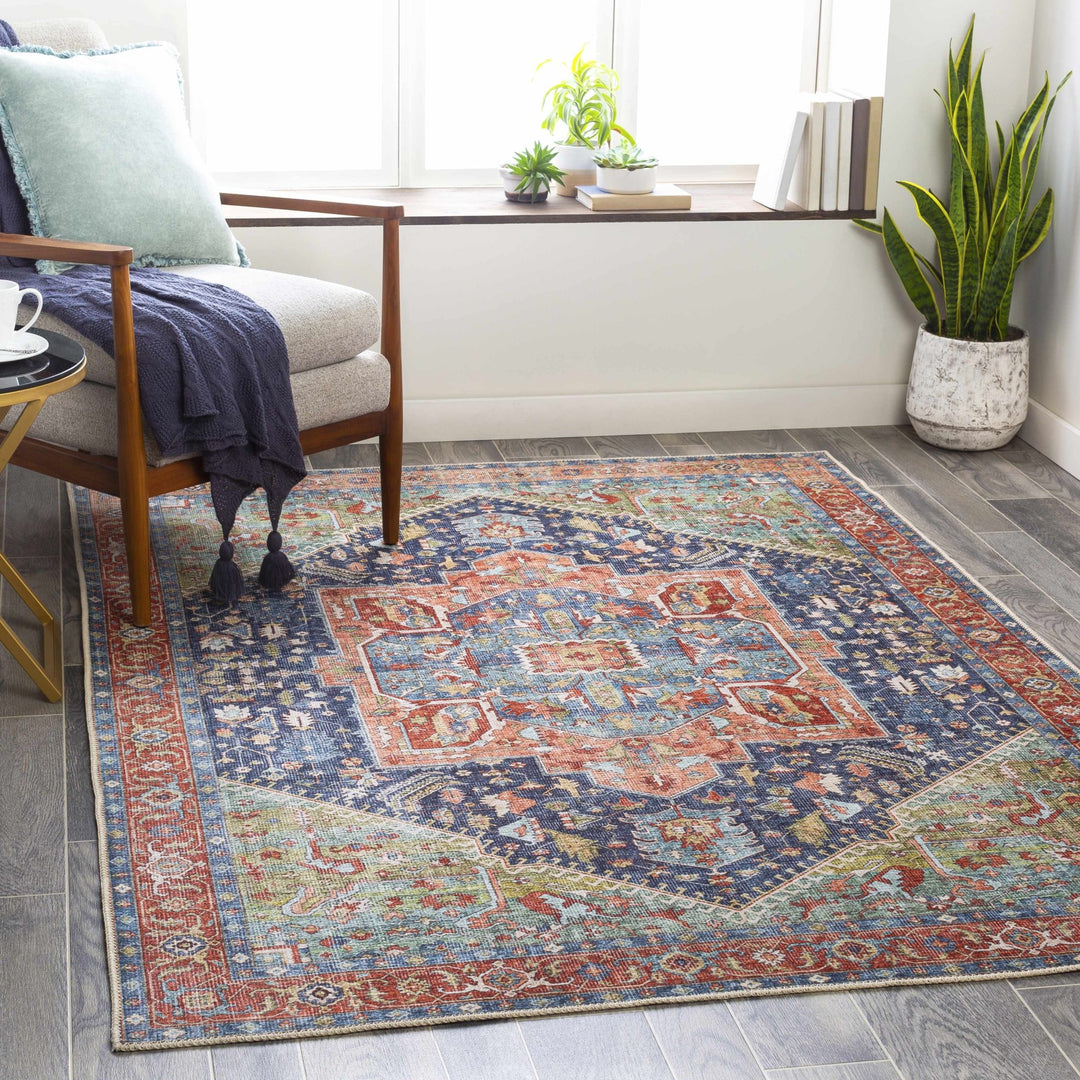 Rust, Blue and Green Traditional Heriz Design Multi Size Washable Area Rug - The Rug Decor