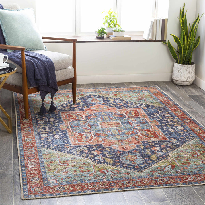 Rust, Blue and Green Traditional Heriz Design Multi Size Washable Area Rug - The Rug Decor