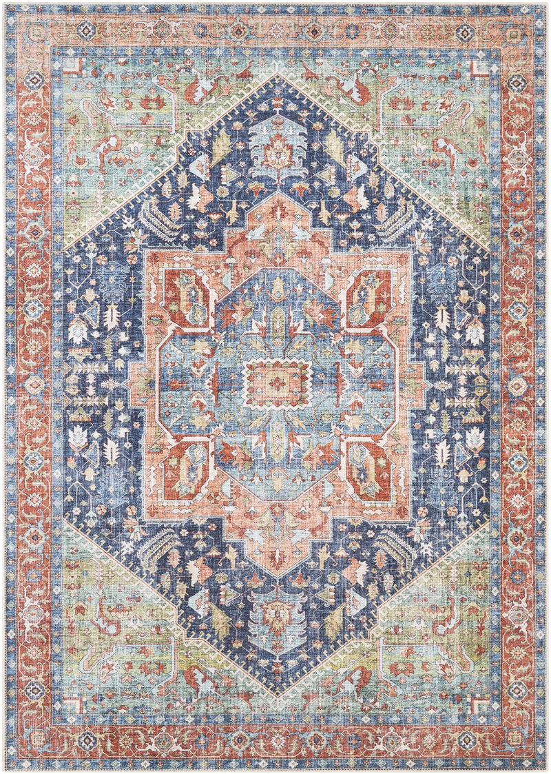 Rust, Blue and Green Traditional Heriz Design Multi Size Washable Area Rug - The Rug Decor