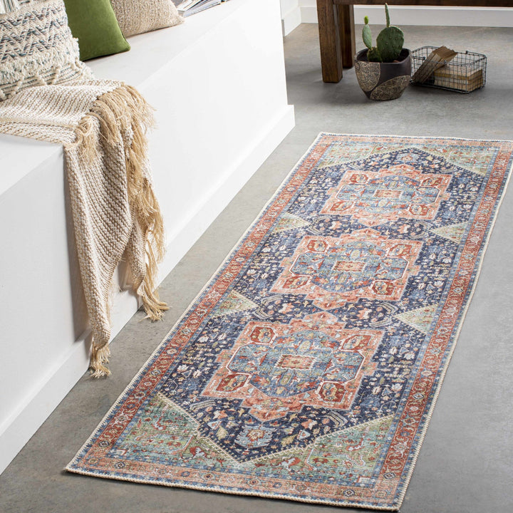Rust, Blue and Green Traditional Heriz Design Multi Size Washable Area Rug - The Rug Decor