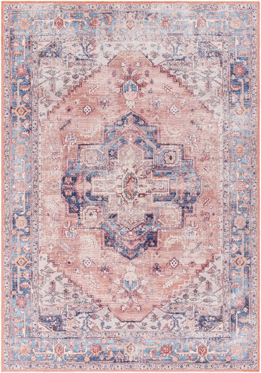 Rust, Blue and Ivory Machine Woven Traditional Vintage Style Machine Washable Rug - The Rug Decor