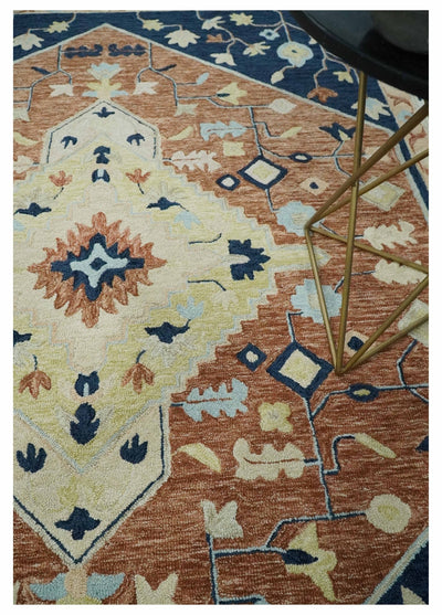 Rust, Blue and Ivory Traditional Floral Heriz Multi Size Hand Tufted wool Area Rug - The Rug Decor