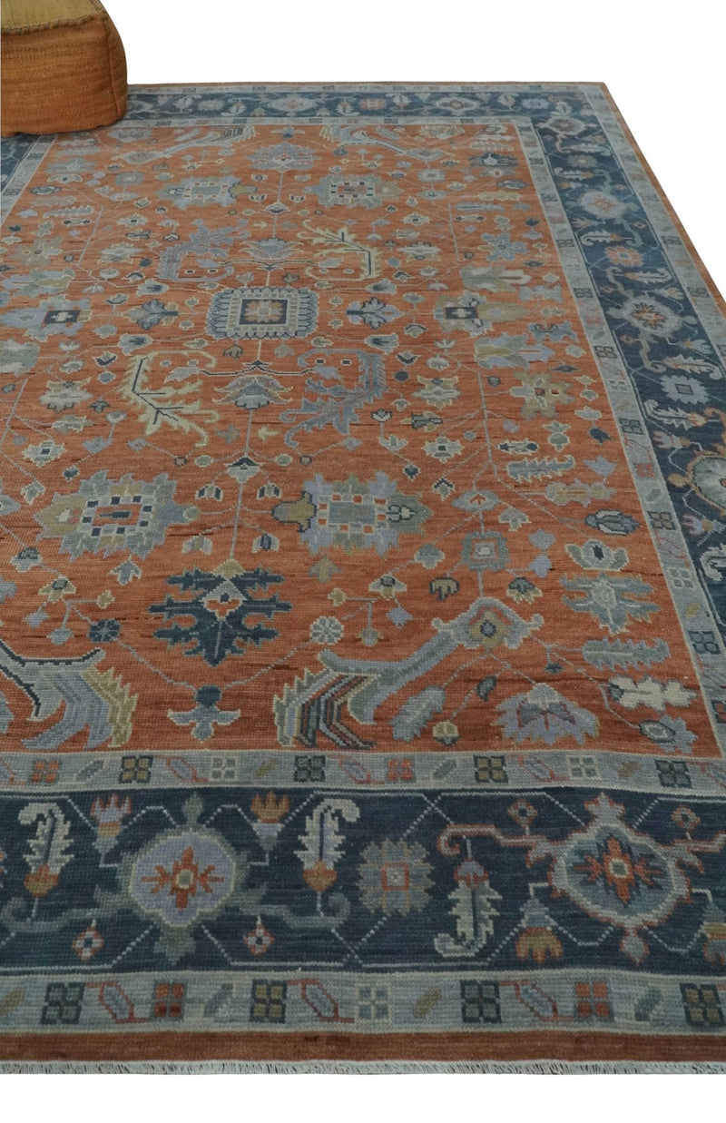 Rust, Blue and Silver Hand Knotted Traditional Multi Size Oushak Wool Area Rug - The Rug Decor