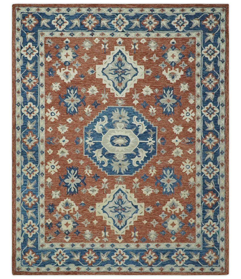 Rust, Blue, Silver and Beige Traditional Medallion Multi Size Hand Tufted wool Area Rug - The Rug Decor