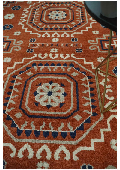 Rust, Ivory and Blue Traditional Mamluk design Hand Knotted Custom Made wool Area Rug - The Rug Decor