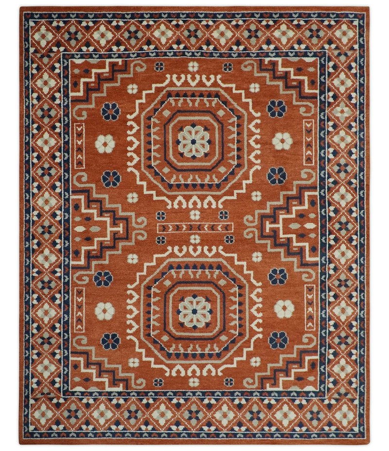Rust, Ivory and Blue Traditional Mamluk design Hand Knotted Custom Made wool Area Rug - The Rug Decor