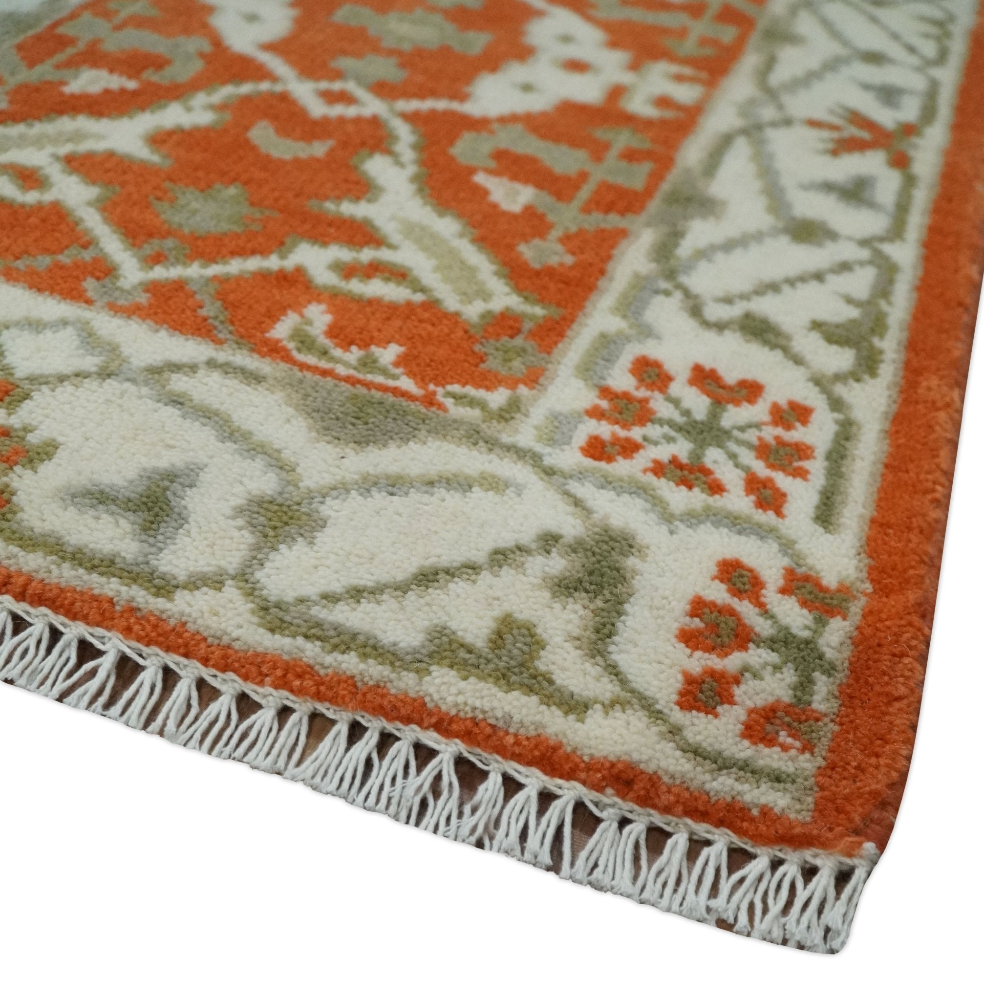 Rust, Ivory and Olive hand knotted 2x3 Oriental Oushak Wool Area