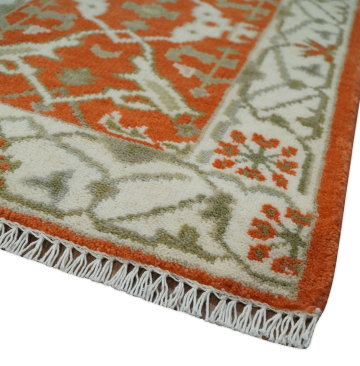 Rust, Ivory and Olive hand knotted 2x3 Oriental Oushak Wool Area Rug - The Rug Decor