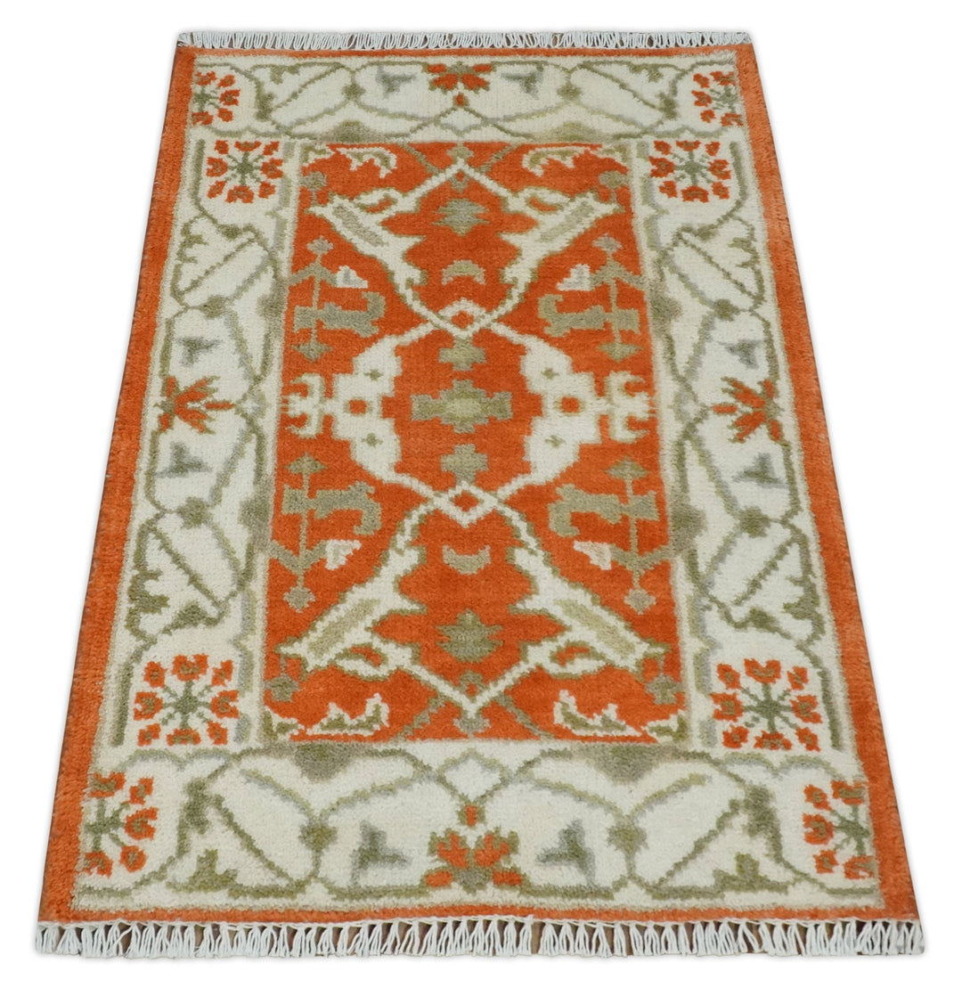 Rust, Ivory and Olive hand knotted 2x3 Oriental Oushak Wool Area Rug - The Rug Decor