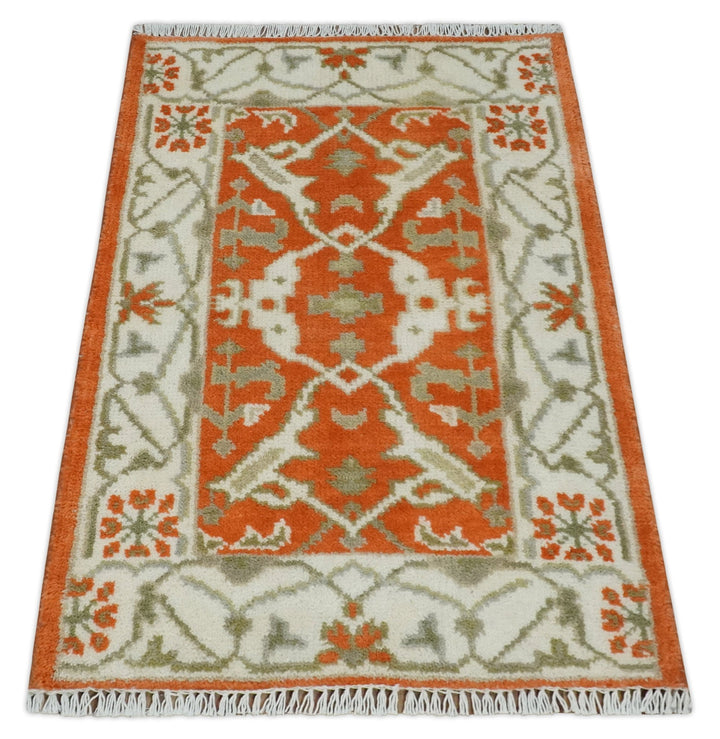 Rust, Ivory and Olive hand knotted 2x3 Oriental Oushak Wool Area Rug - The Rug Decor