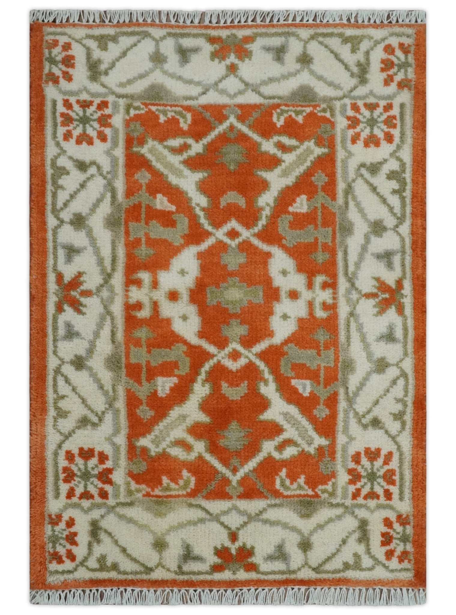 rug.rug 　no2 Rust, Ivory and Olive hand knotted 2x3 Oriental Oushak Wool Area