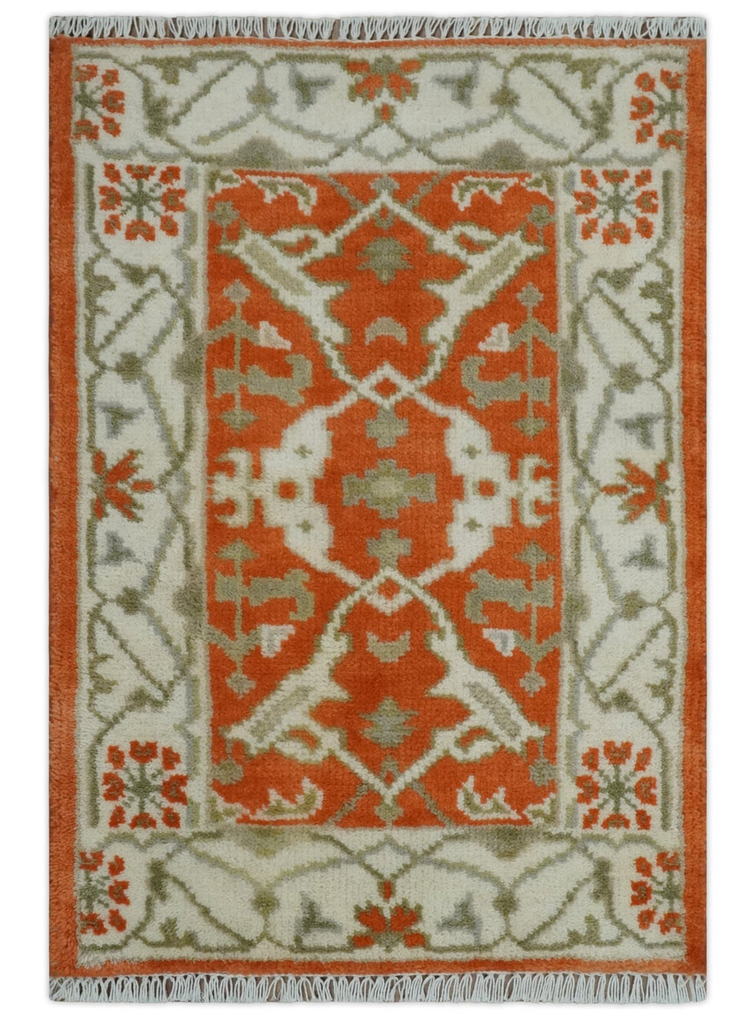 Rust, Ivory and Olive hand knotted 2x3 Oriental Oushak Wool Area Rug - The Rug Decor