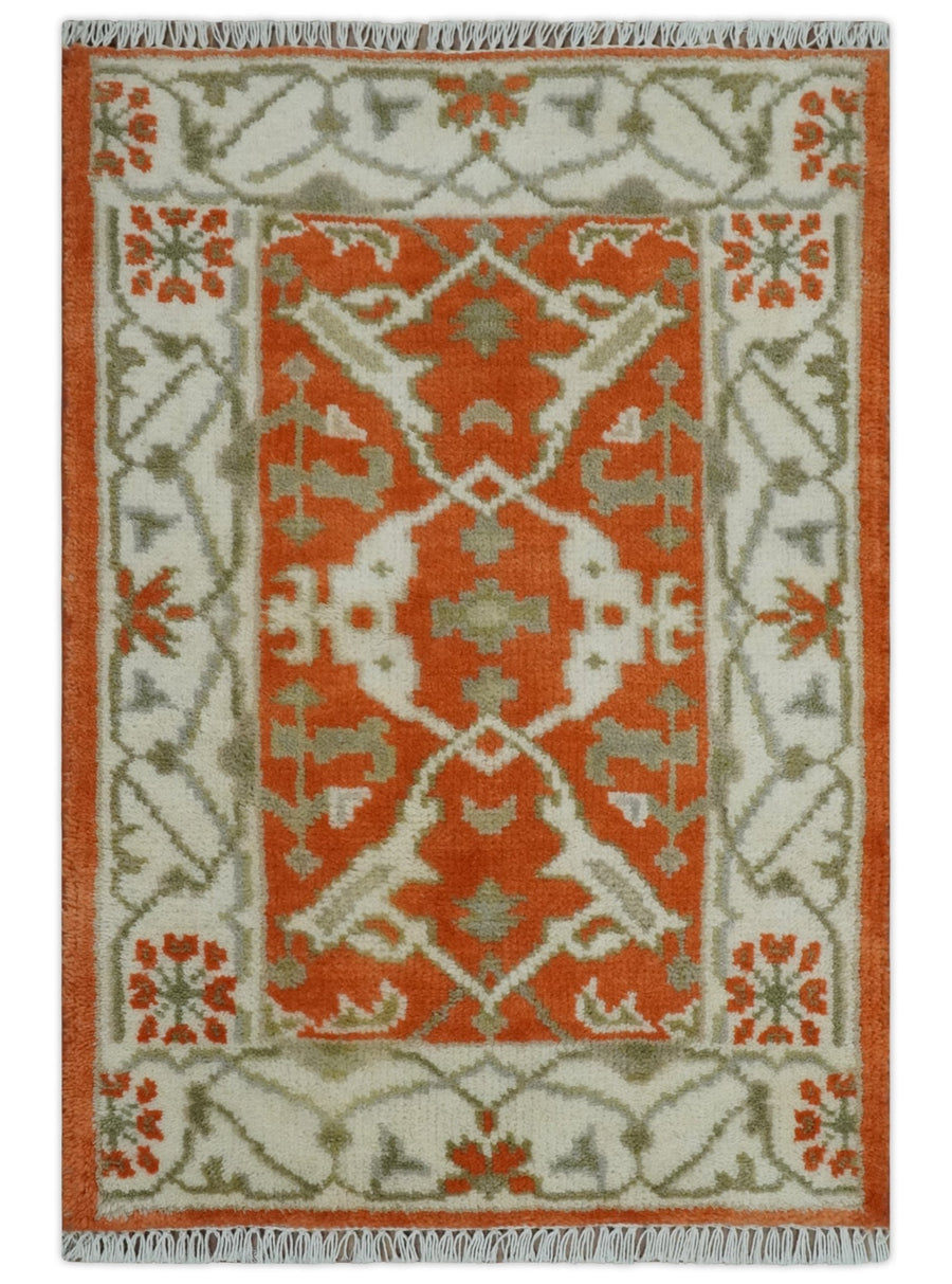 Rust, Ivory and Olive hand knotted 2x3 Oriental Oushak Wool Area Rug - The Rug Decor