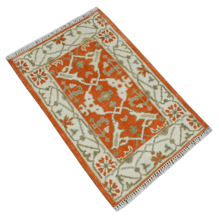 Rust, Ivory and Olive hand knotted 2x3 Oriental Oushak Wool Area Rug - The Rug Decor