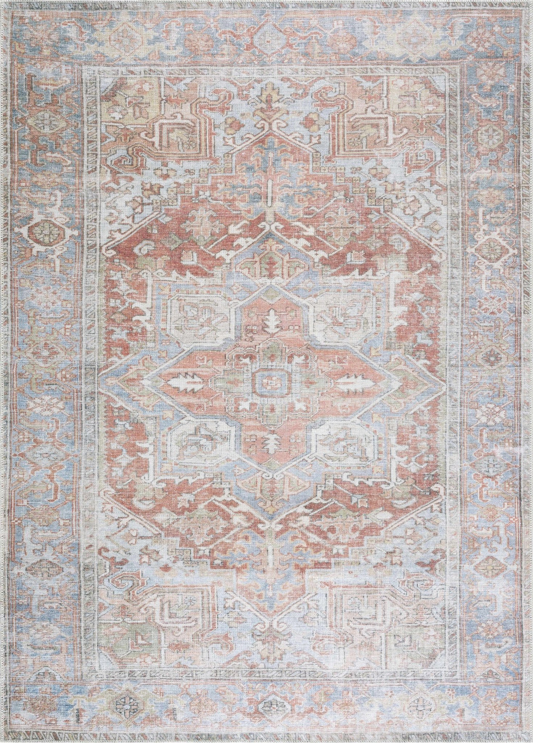 Rust, Silver and Blue Traditional Medallion design Machine Washable Rug - The Rug Decor