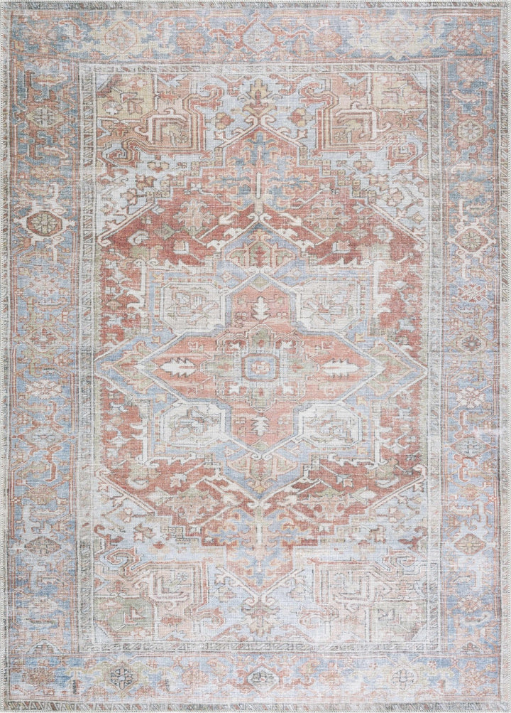Rust, Silver and Blue Traditional Medallion design Machine Washable Rug - The Rug Decor