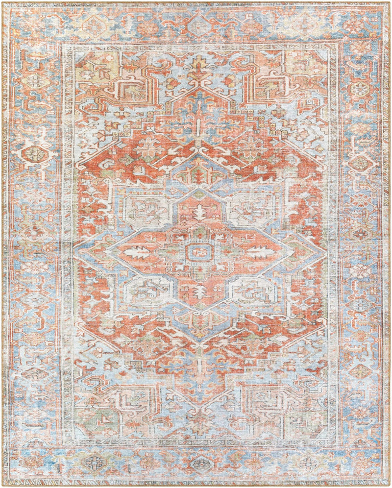 Rust, Silver and Blue Traditional Medallion design Machine Washable Rug - The Rug Decor