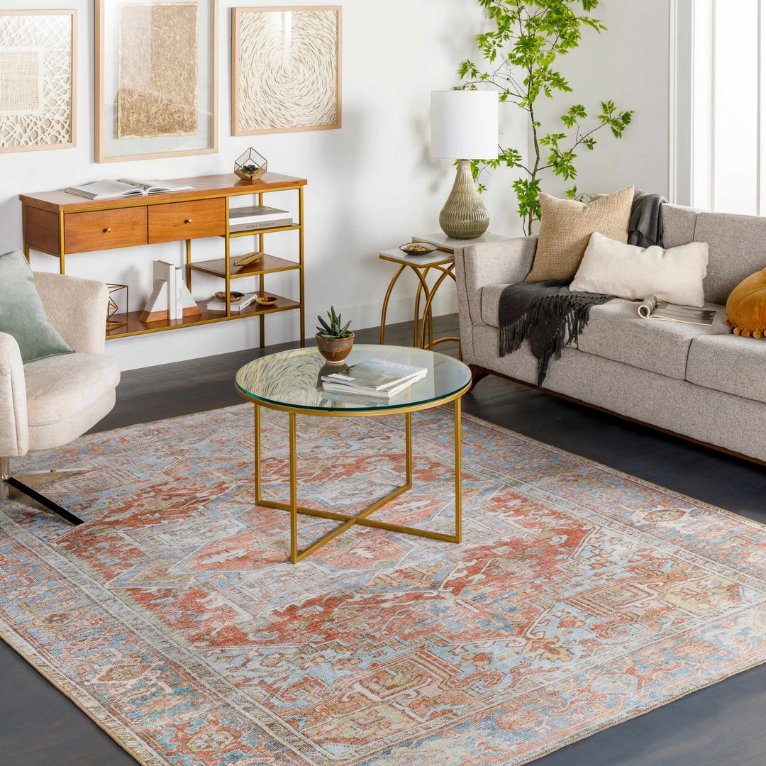 Rust, Silver and Blue Traditional Medallion design Machine Washable Rug - The Rug Decor