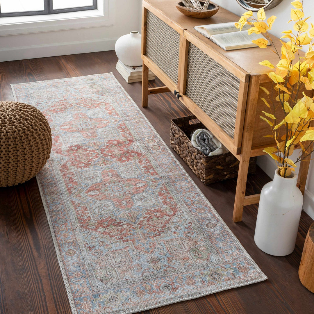 Rust, Silver and Blue Traditional Medallion design Machine Washable Rug - The Rug Decor