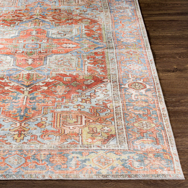 Rust, Silver and Blue Traditional Medallion design Machine Washable Rug - The Rug Decor