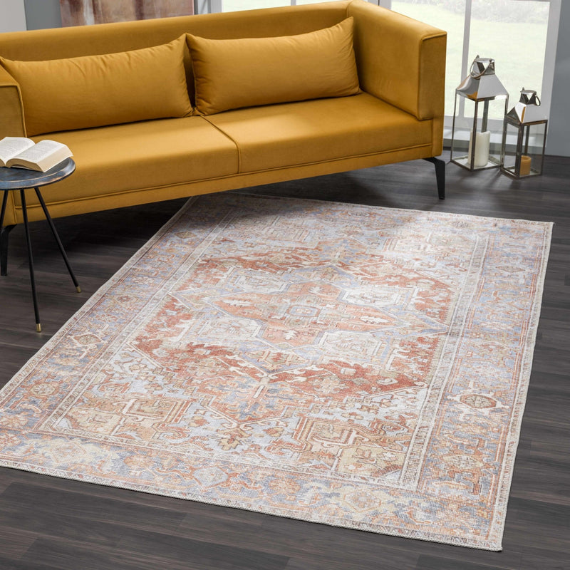 Rust, Silver and Blue Traditional Medallion design Machine Washable Rug - The Rug Decor