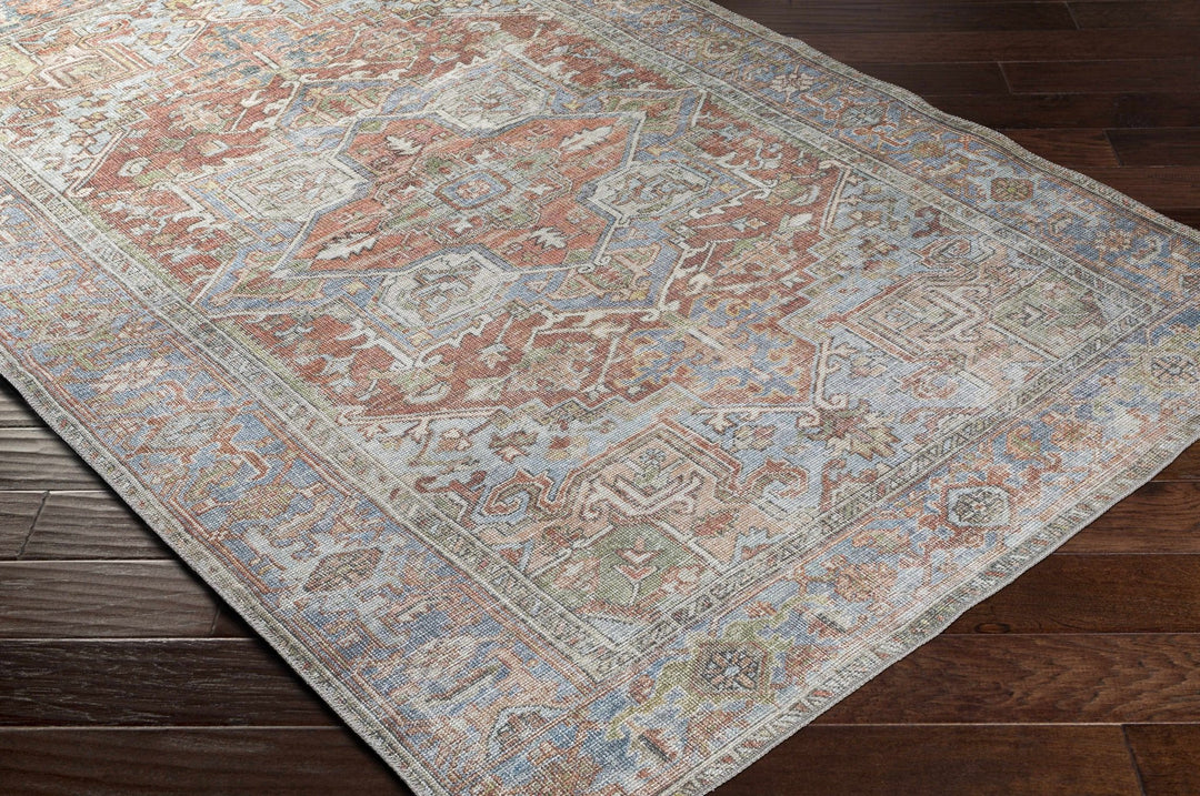 Rust, Silver and Blue Traditional Medallion design Machine Washable Rug - The Rug Decor