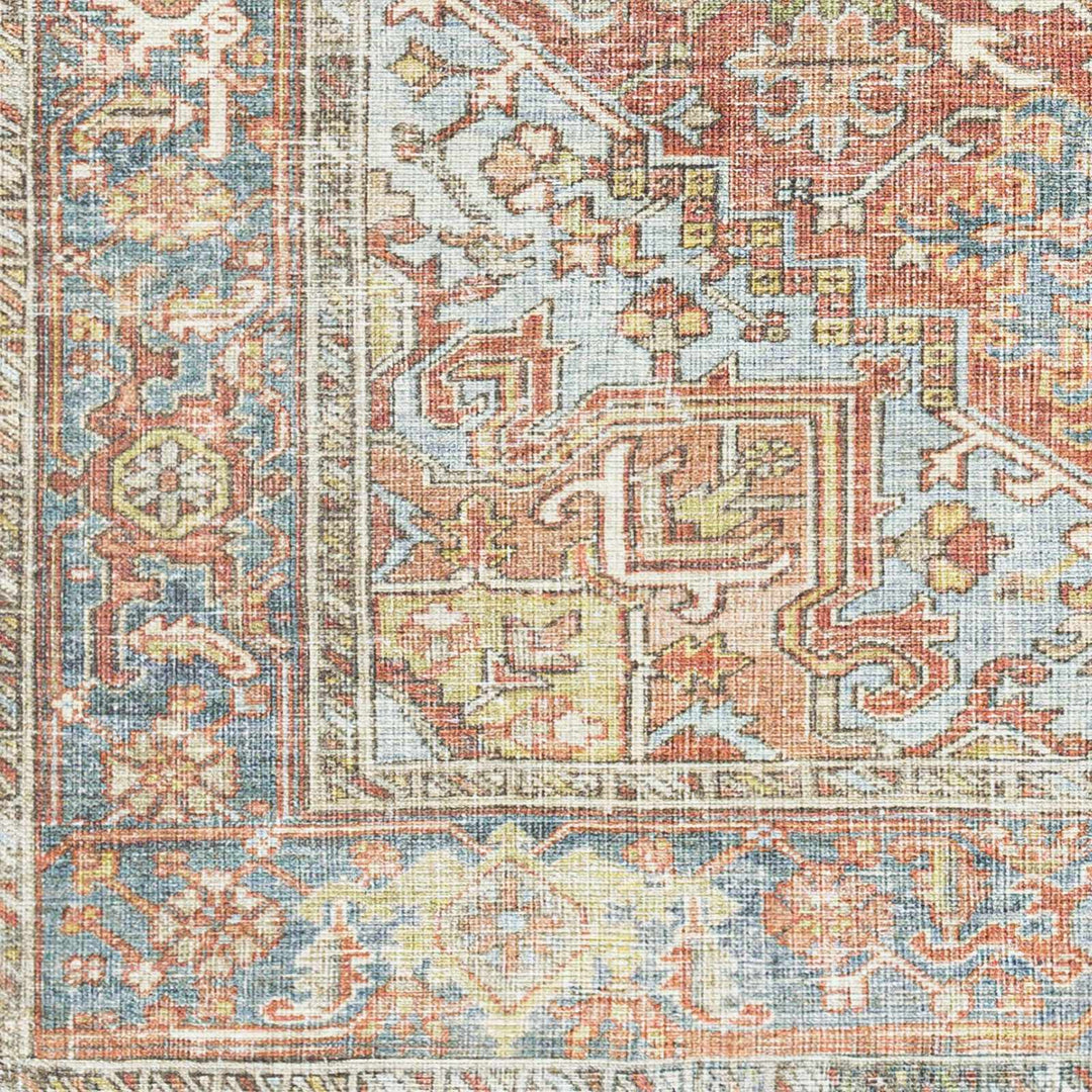Rust, Silver and Blue Traditional Medallion design Machine Washable Rug - The Rug Decor