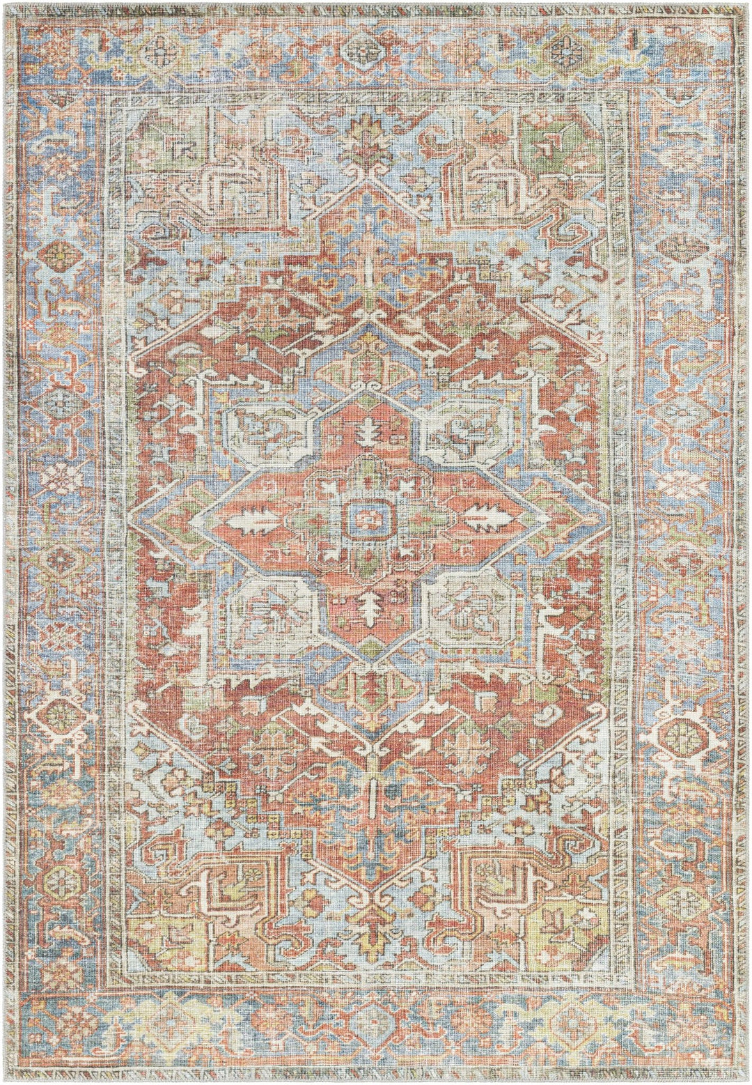 Rust, Silver and Blue Traditional Medallion design Machine Washable Rug - The Rug Decor