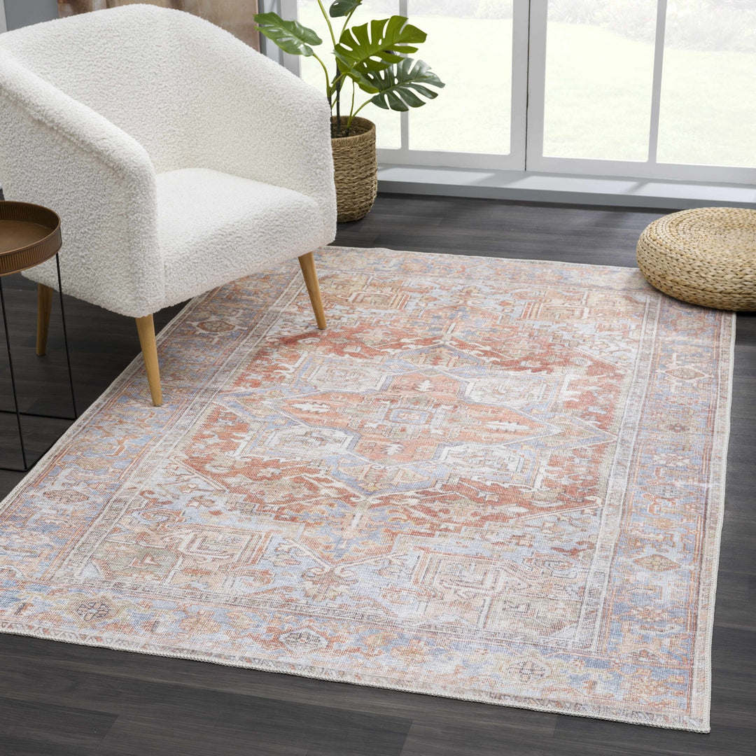 Rust, Silver and Blue Traditional Medallion design Machine Washable Rug - The Rug Decor