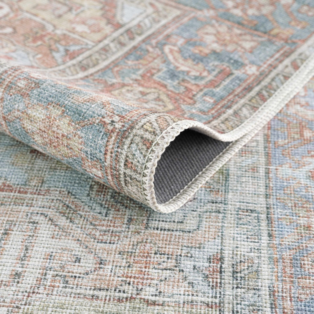 Rust, Silver and Blue Traditional Medallion design Machine Washable Rug - The Rug Decor