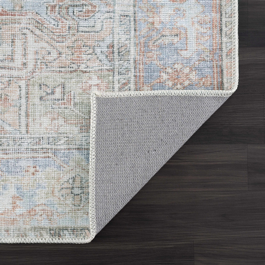 Rust, Silver and Blue Traditional Medallion design Machine Washable Rug - The Rug Decor