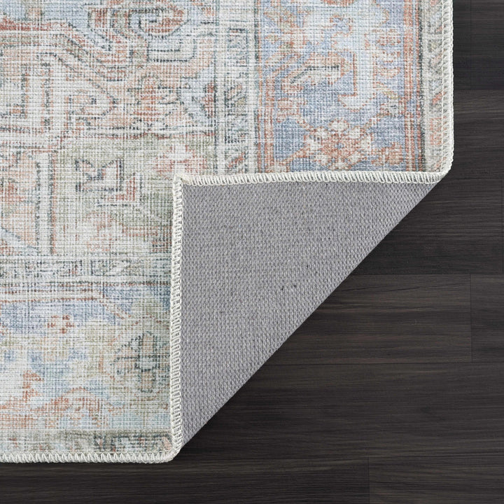 Rust, Silver and Blue Traditional Medallion design Machine Washable Rug - The Rug Decor