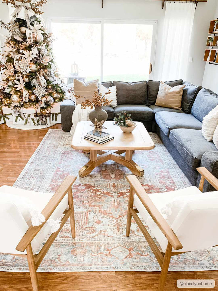 Rust, Silver and Blue Traditional Medallion design Machine Washable Rug - The Rug Decor