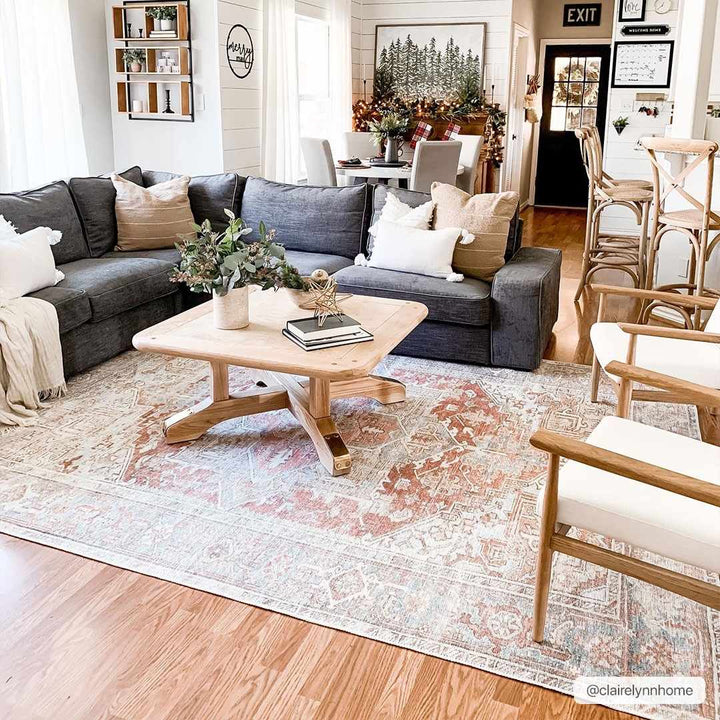 Rust, Silver and Blue Traditional Medallion design Machine Washable Rug - The Rug Decor