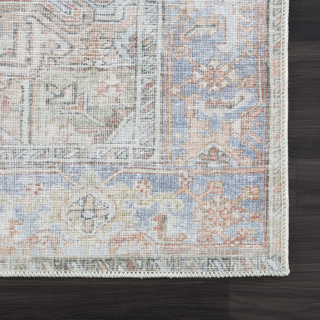 Rust, Silver and Blue Traditional Medallion design Machine Washable Rug - The Rug Decor