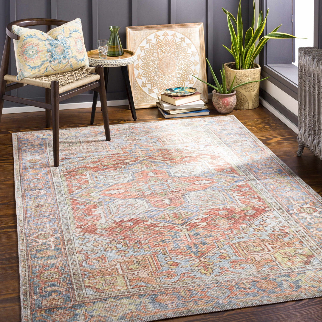 Rust, Silver and Blue Traditional Medallion design Machine Washable Rug - The Rug Decor